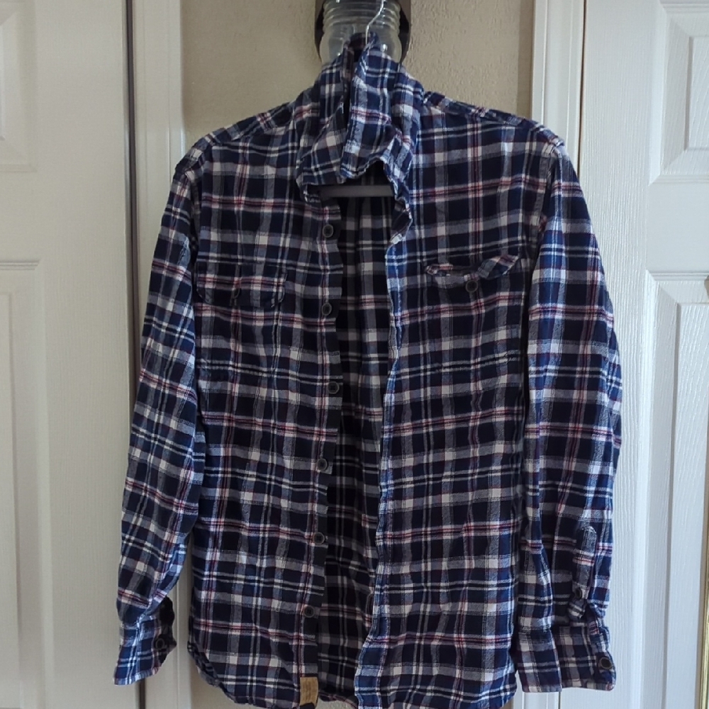 A Red, White, And Dark Navy Blue Flannel With Black buttons with yellow-goldtrim